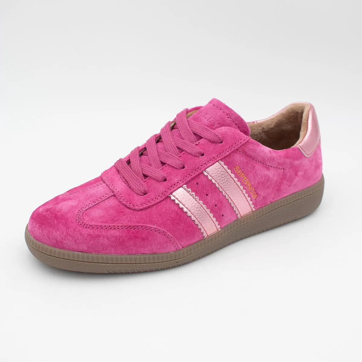 Pink suede sneaker with three white stripes on a white background