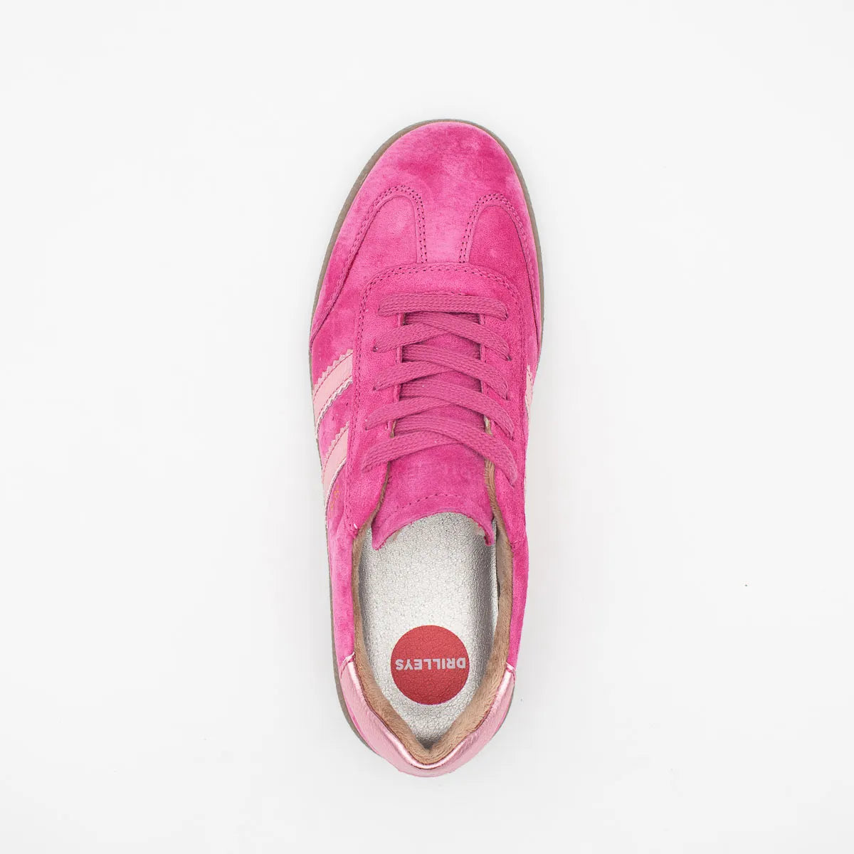 Pink sneaker with a visible brand logo on a white background