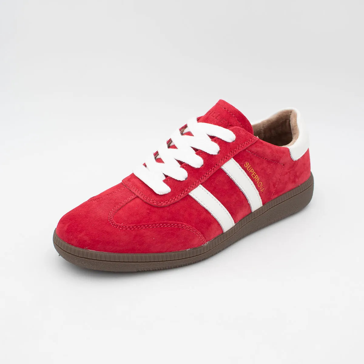Red sneaker with white stripes on a light gray background