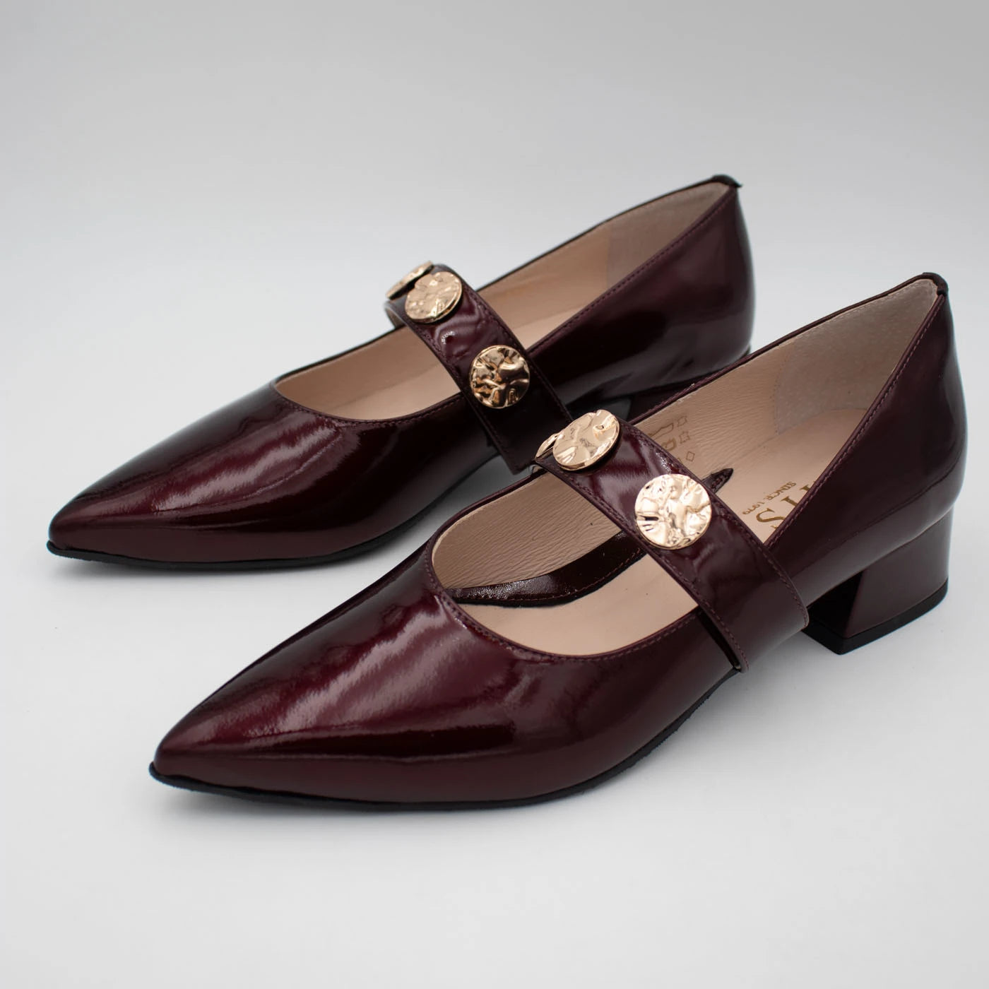 Emis Burgundy Patent Leather Block Heel Mary Jane Shoes