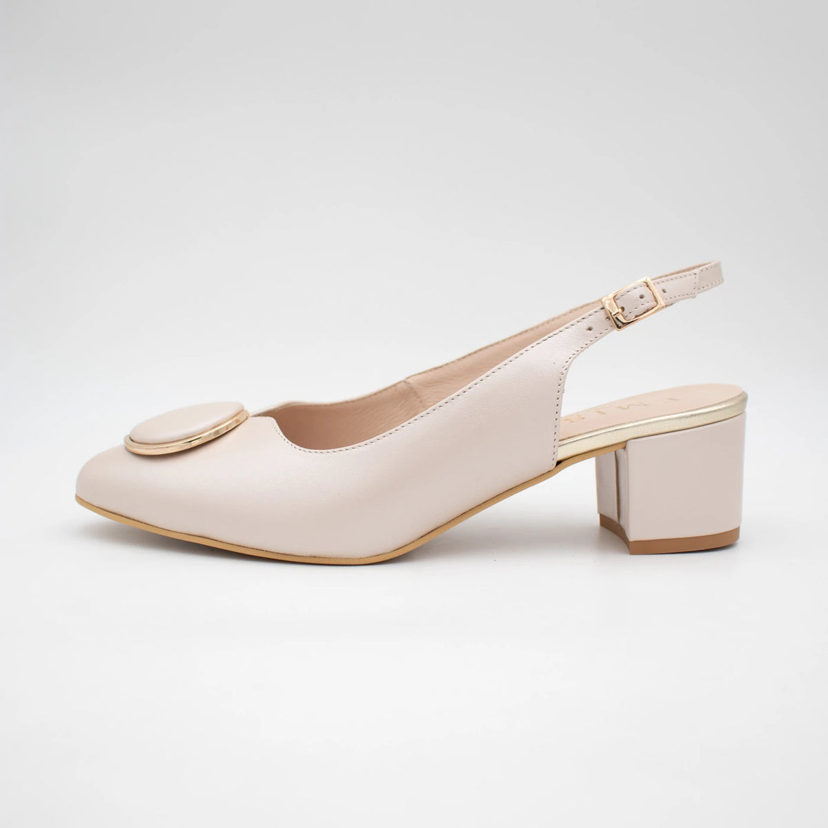 Emis Beige Leather Block Heel Slingback Shoes