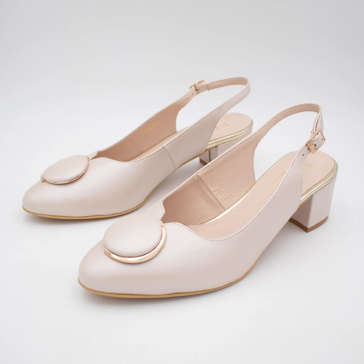 Emis Beige Leather Block Heel Slingback Shoes