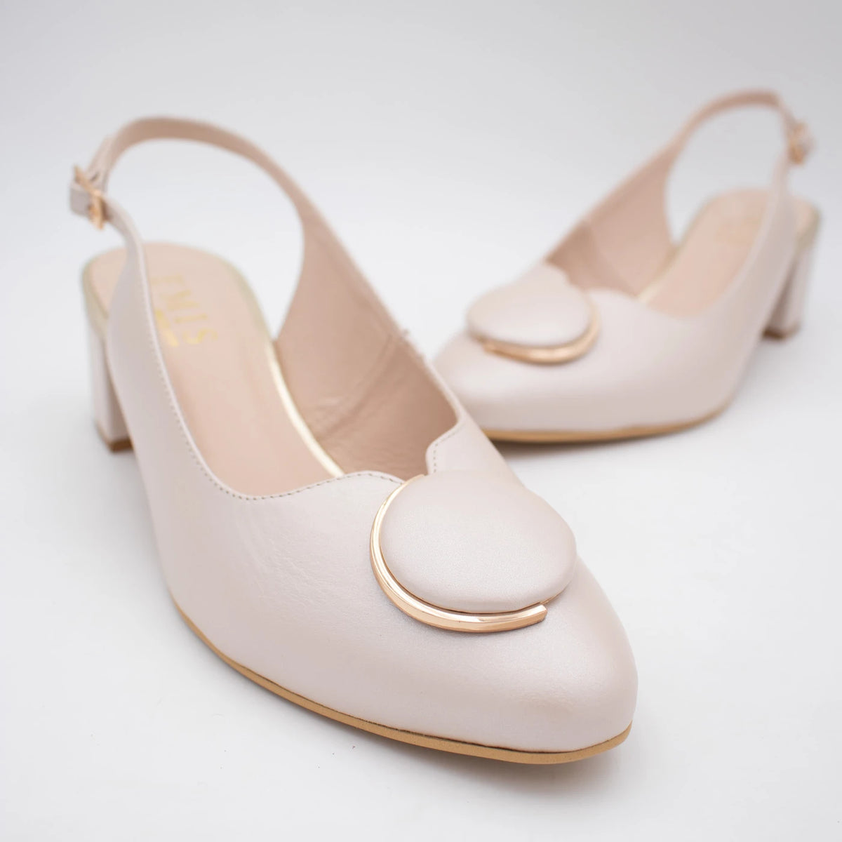 Emis Beige Leather Block Heel Slingback Shoes