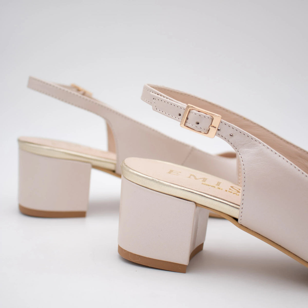 Emis Beige Leather Block Heel Slingback Shoes