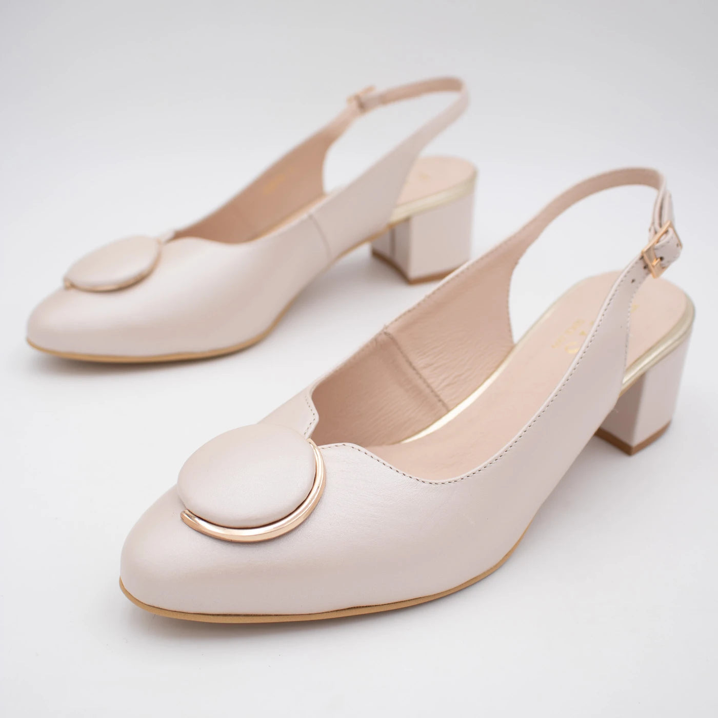 Emis Beige Leather Block Heel Slingback Shoes