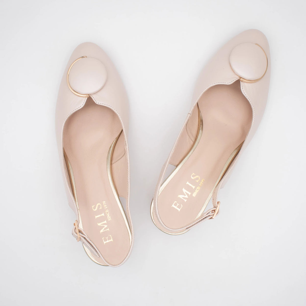 Emis Beige Leather Block Heel Slingback Shoes