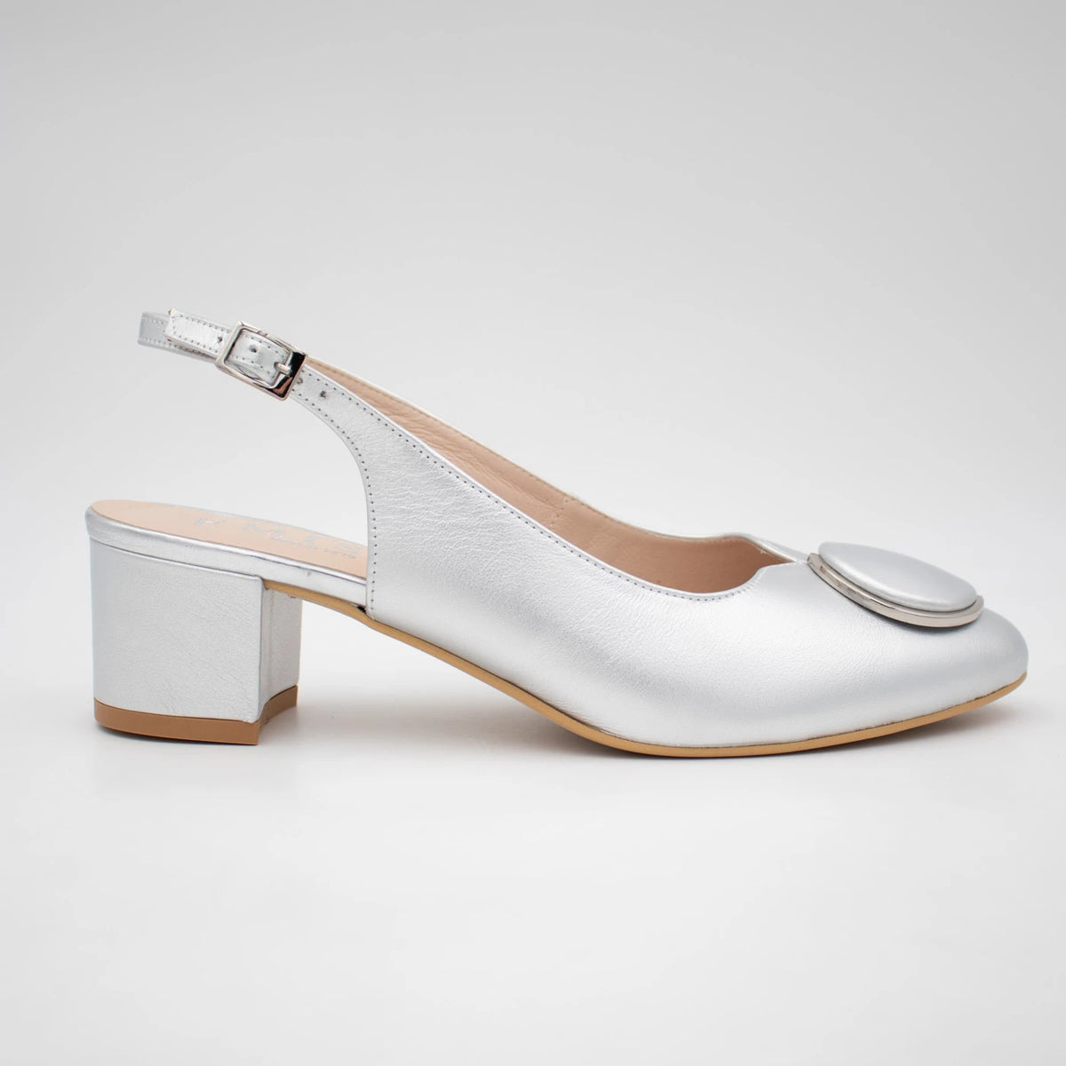 Emis Silver Leather Block Heel Slingback Shoes