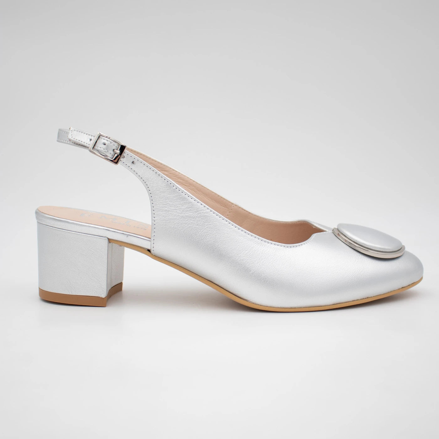 Emis Silver Leather Block Heel Slingback Shoes