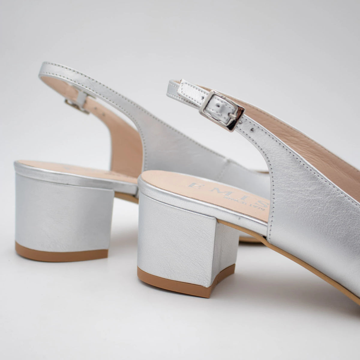 Emis Silver Leather Block Heel Slingback Shoes