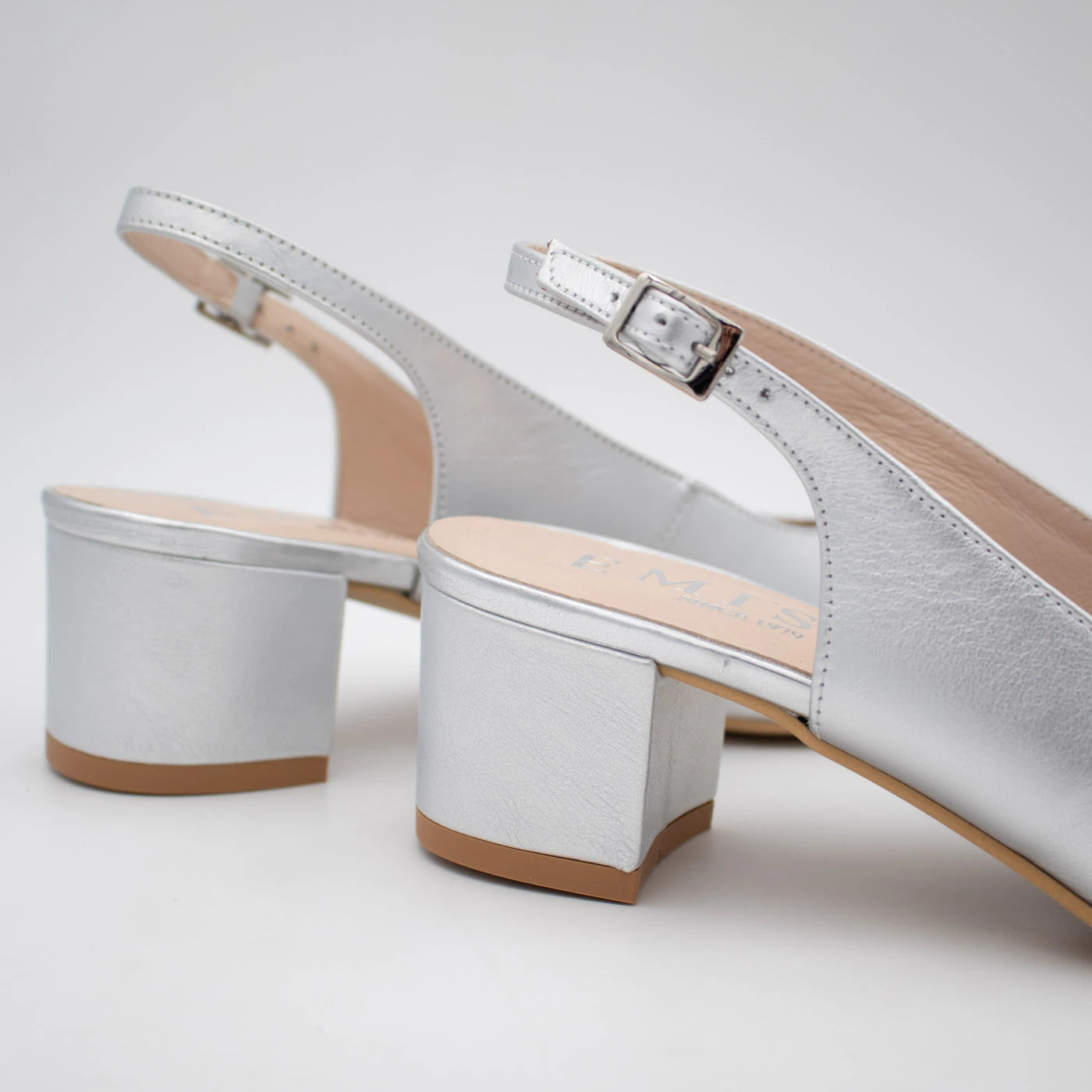 Emis Silver Leather Block Heel Slingback Shoes