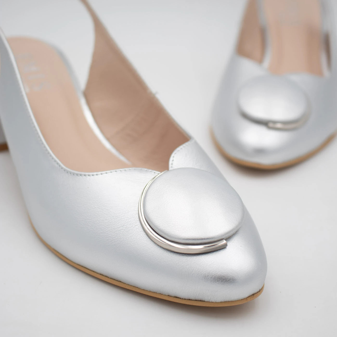 Emis Silver Leather Block Heel Slingback Shoes