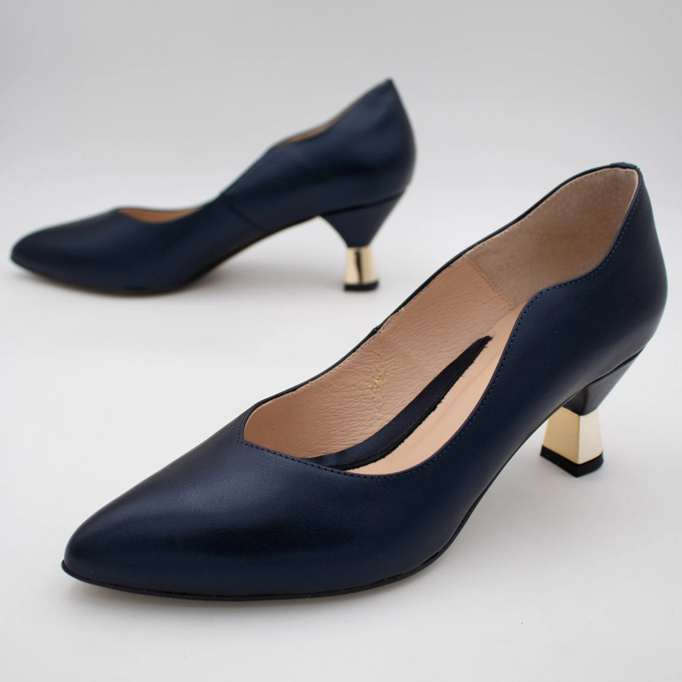 Emis Navy Leather Gold Detail Court Shoes