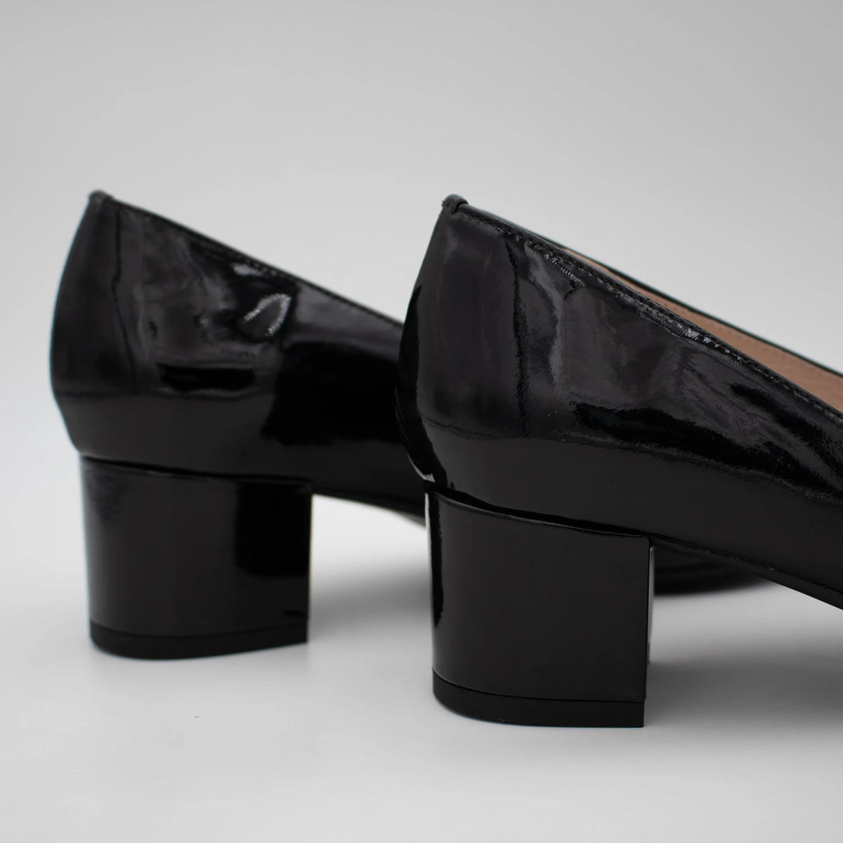 Emis Black Patent Leather Block Heel Court Shoes