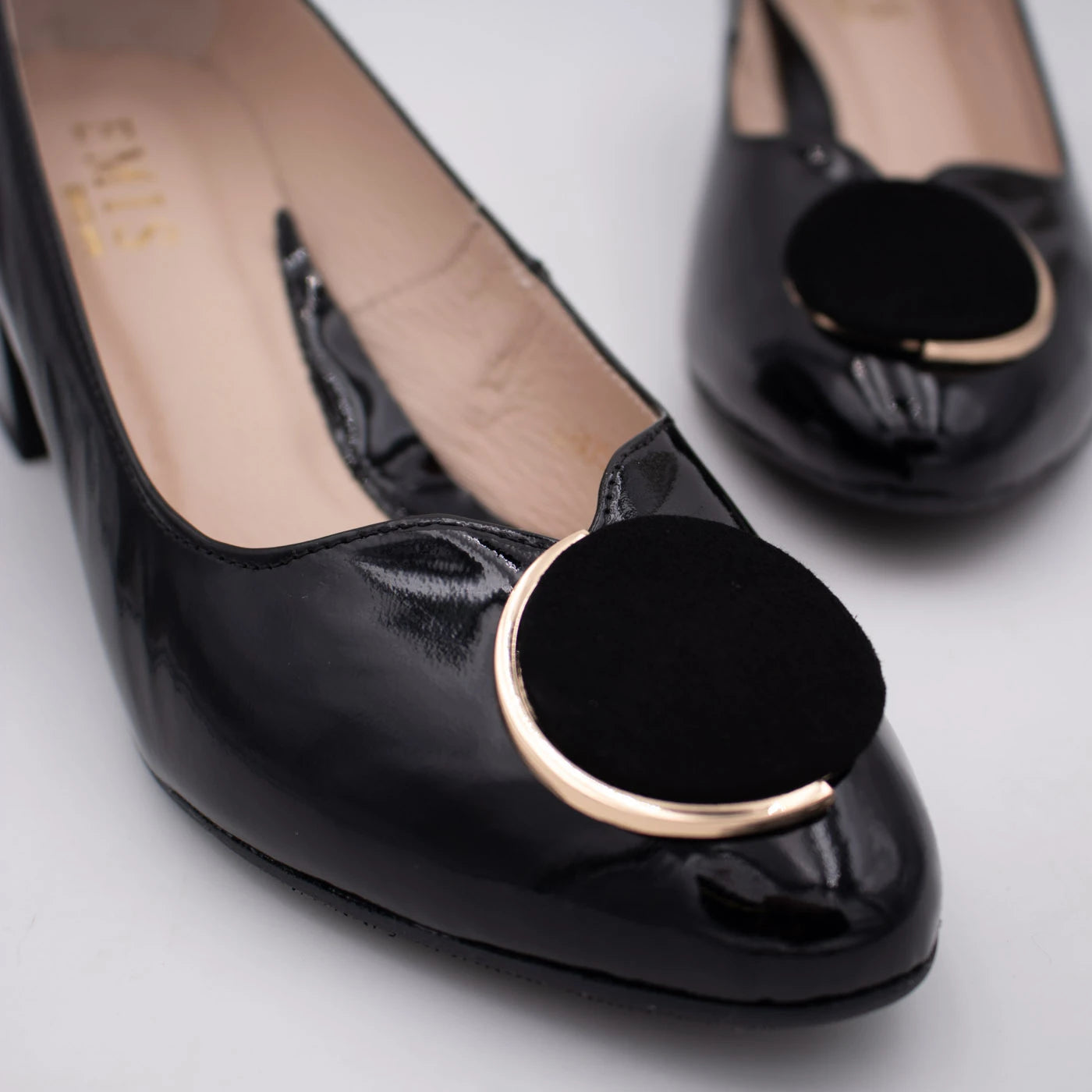 Emis Black Patent Leather Block Heel Court Shoes