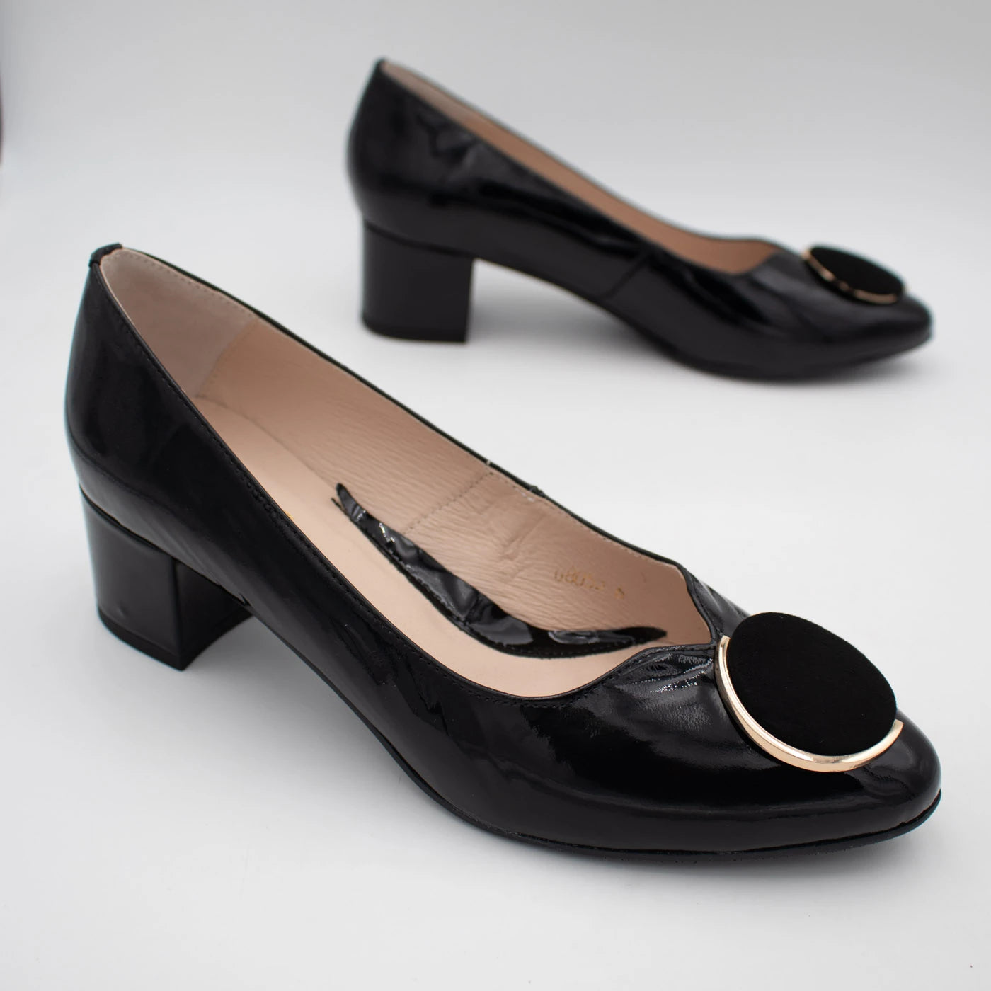 Emis Black Patent Leather Block Heel Court Shoes