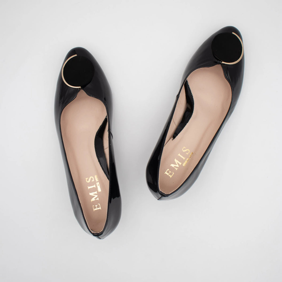 Emis Black Patent Leather Block Heel Court Shoes