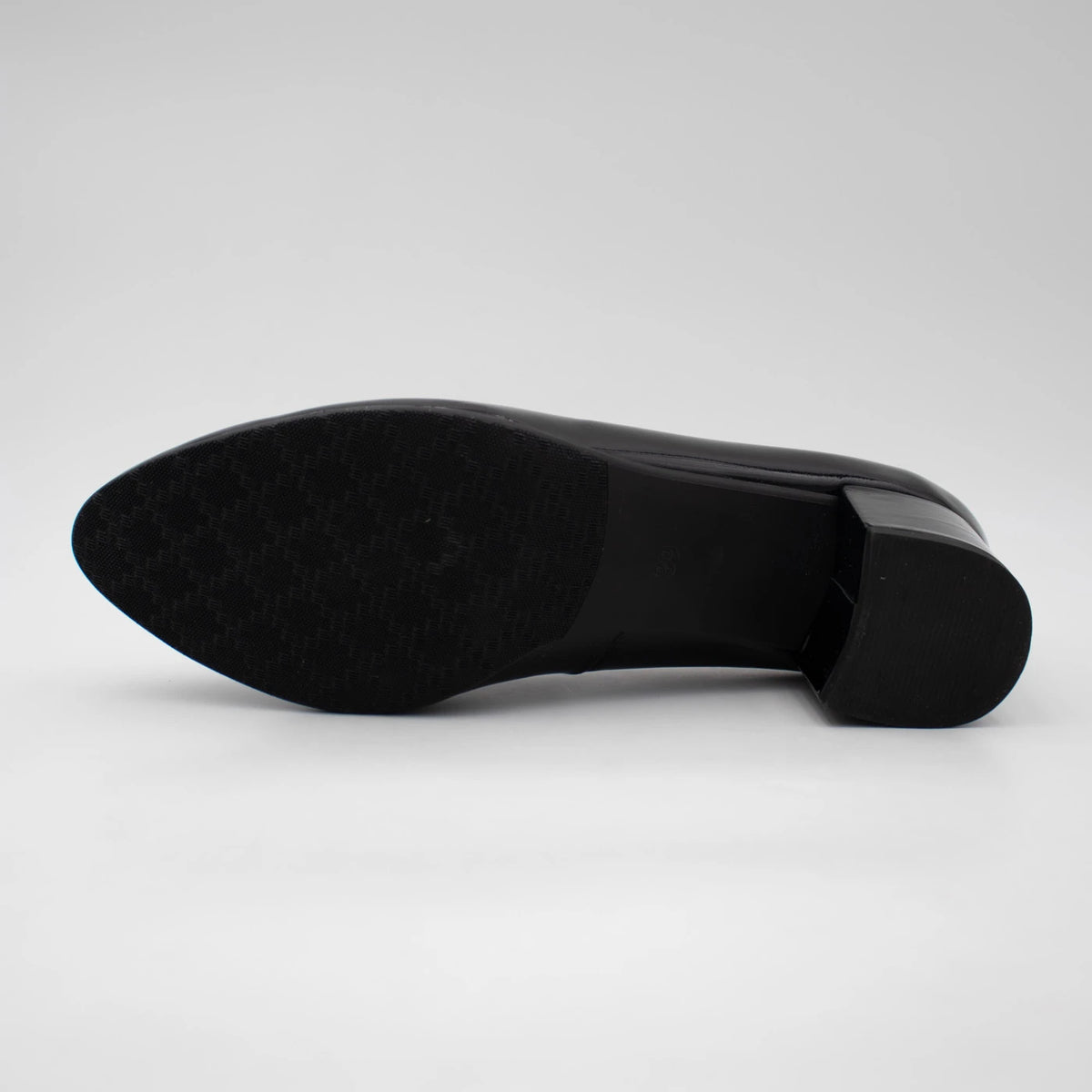 Emis Black Patent Leather Block Heel Court Shoes