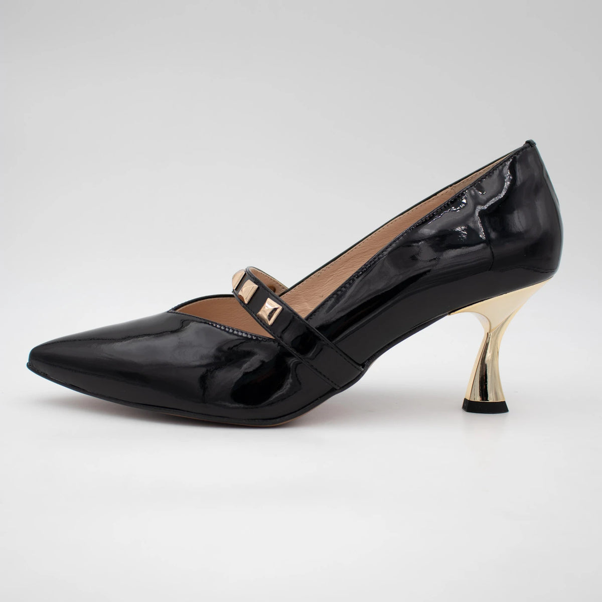 Emis Black Patent Leather Gold Heel Mary Jane Shoes