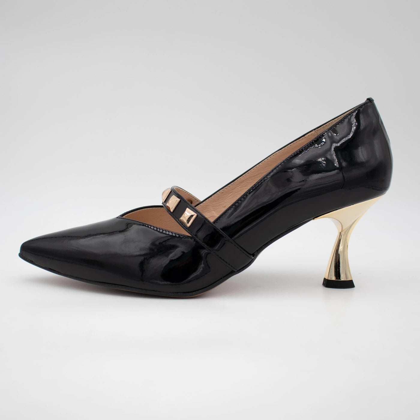 Emis Black Patent Leather Gold Heel Mary Jane Shoes