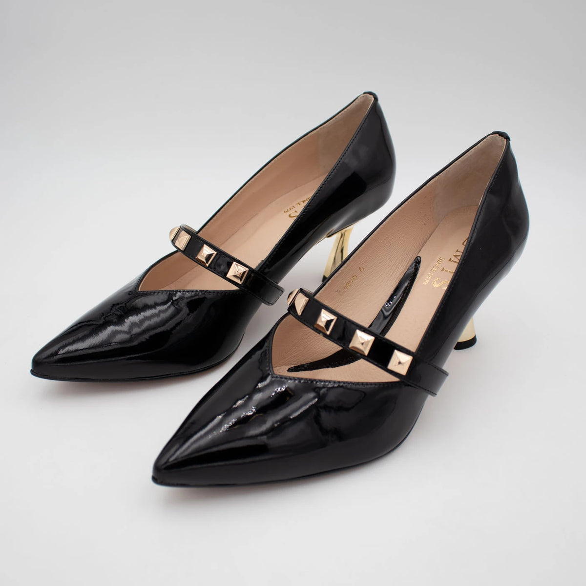 Emis Black Patent Leather Gold Heel Mary Jane Shoes