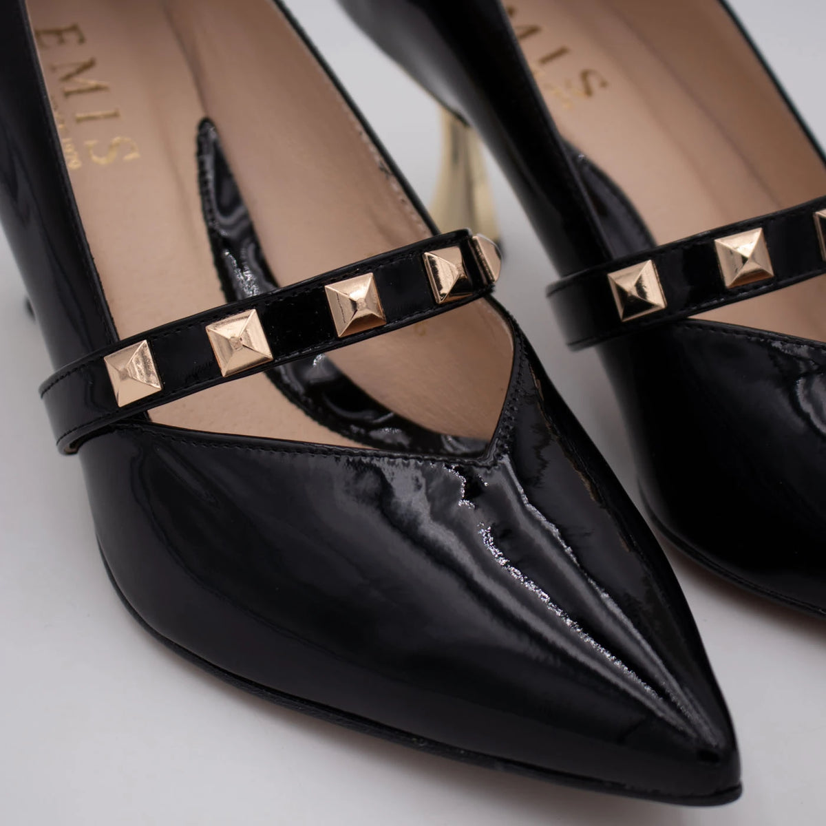 Emis Black Patent Leather Gold Heel Mary Jane Shoes