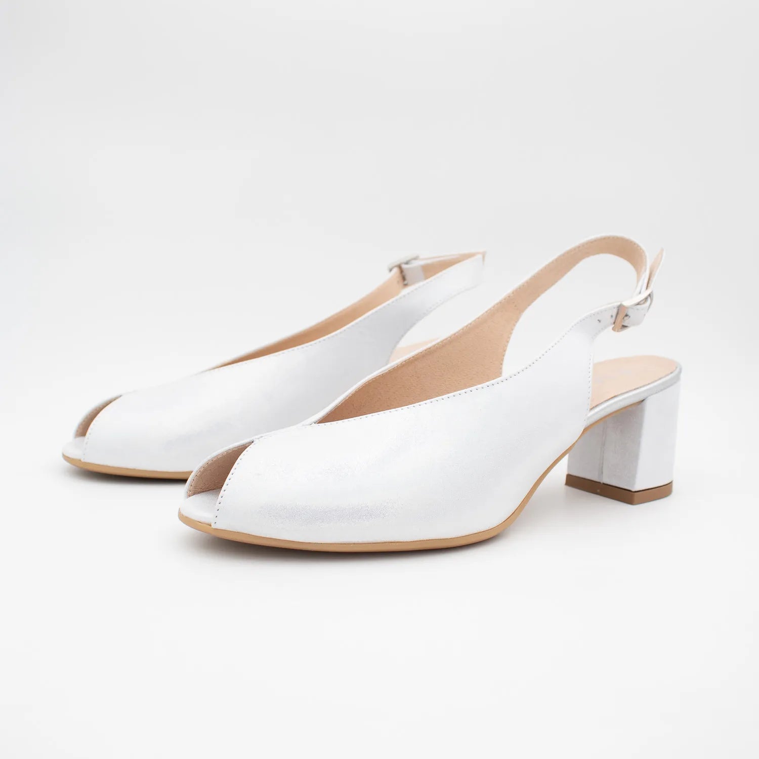 EMIS Silver Leather Slingback Peep-Toe Block Heel - Leavys Shoes