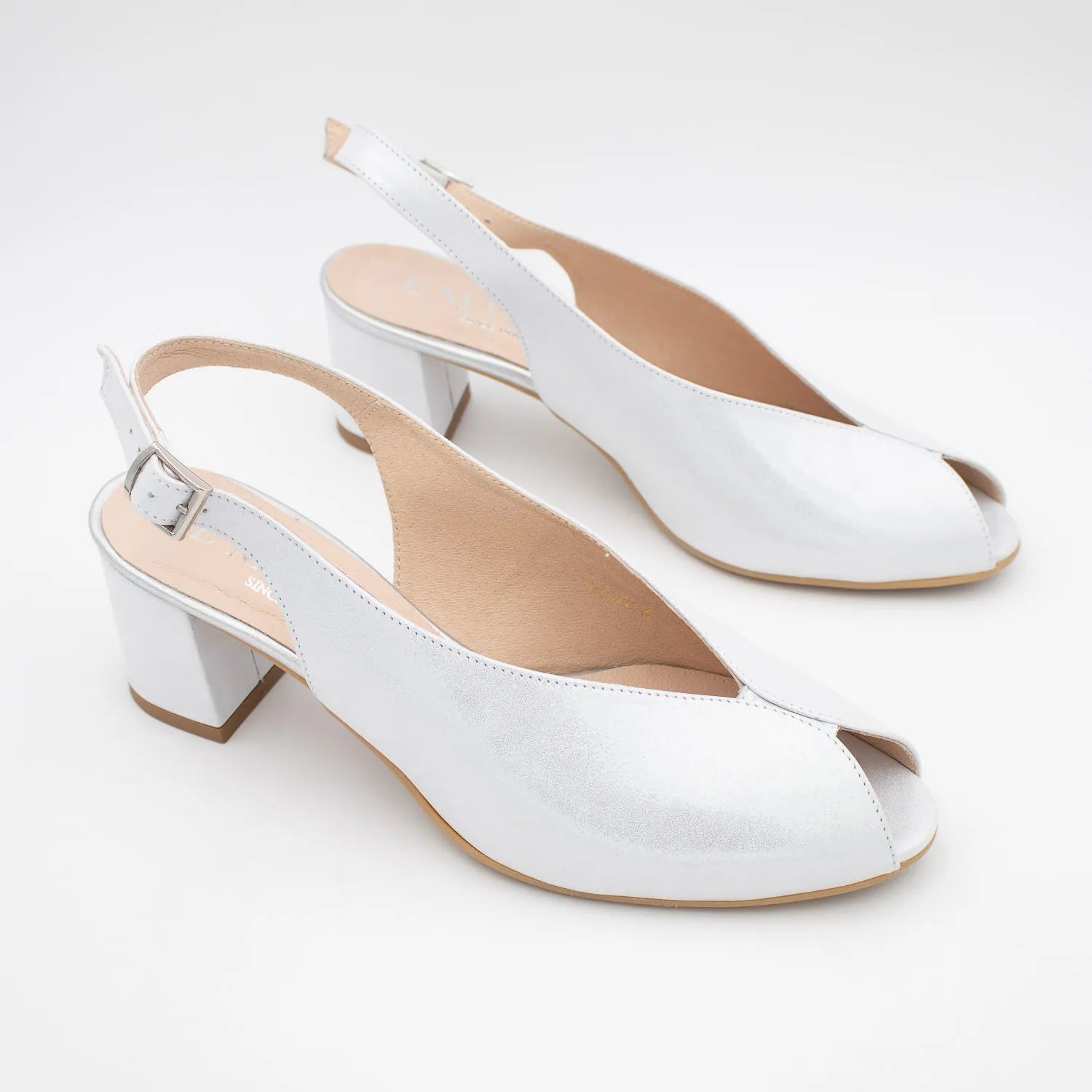 EMIS Silver Leather Slingback Peep-Toe Block Heel - Leavys Shoes
