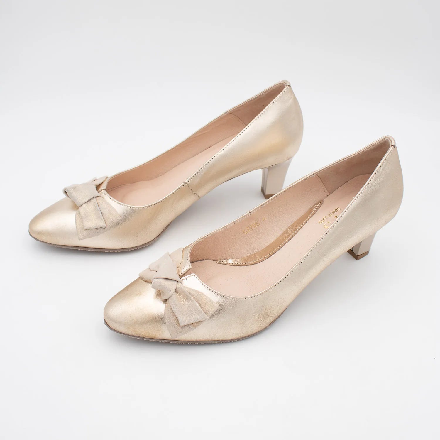 EMIS Gold Satin Court Heel with Soft Bow Detail - Leavys Shoes
