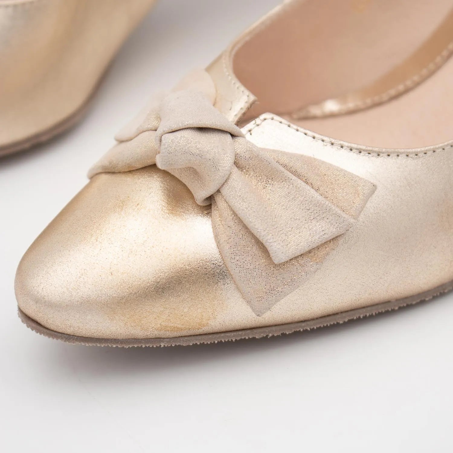 EMIS Gold Satin Court Heel with Soft Bow Detail - Leavys Shoes