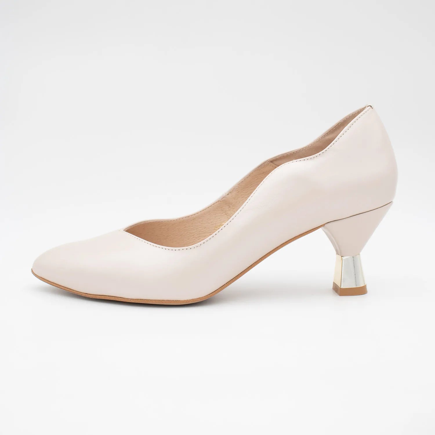 EMIS Beige Leather Court Heels with Sculpted Gold Heel - Leavys Shoes
