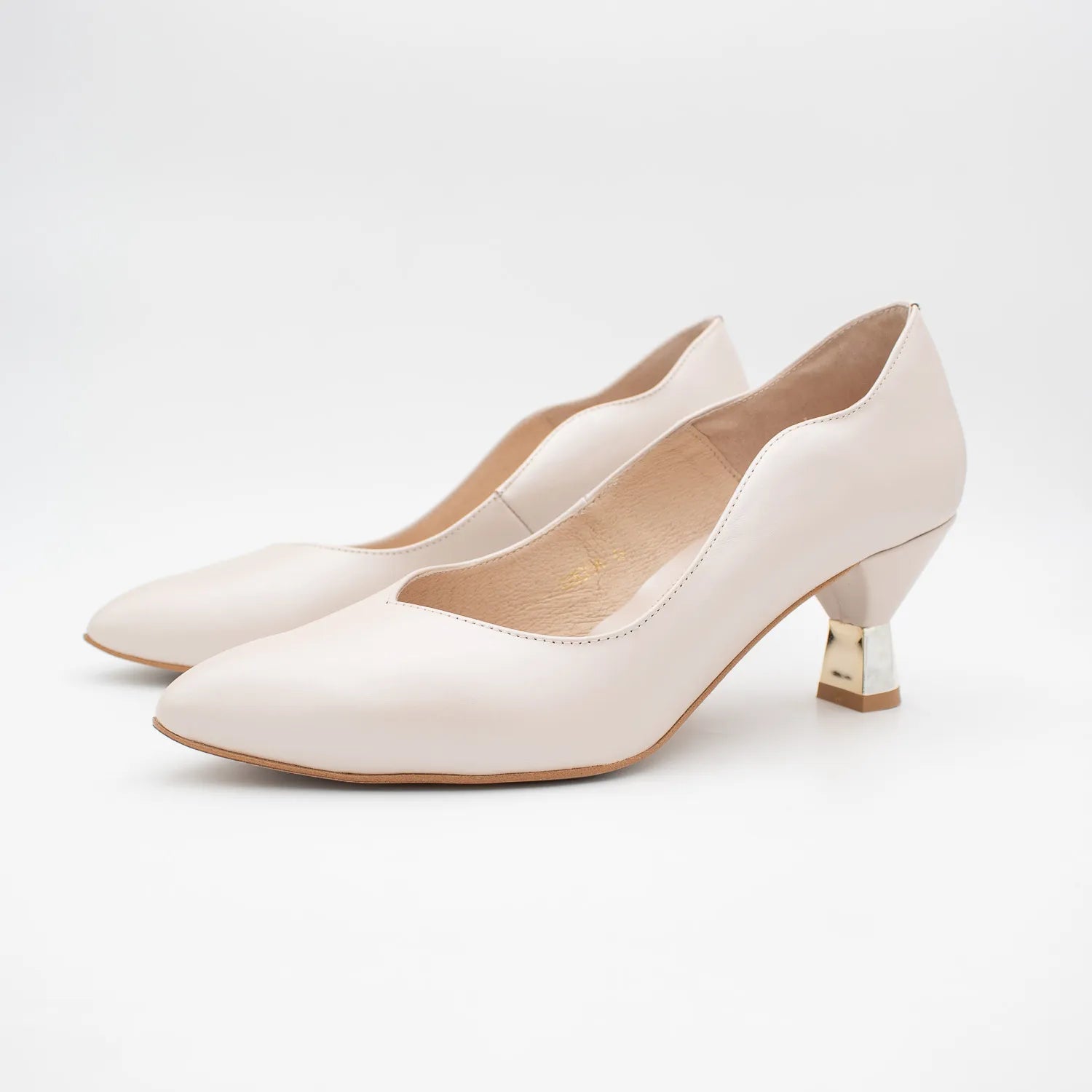 EMIS Beige Leather Court Heels with Sculpted Gold Heel - Leavys Shoes