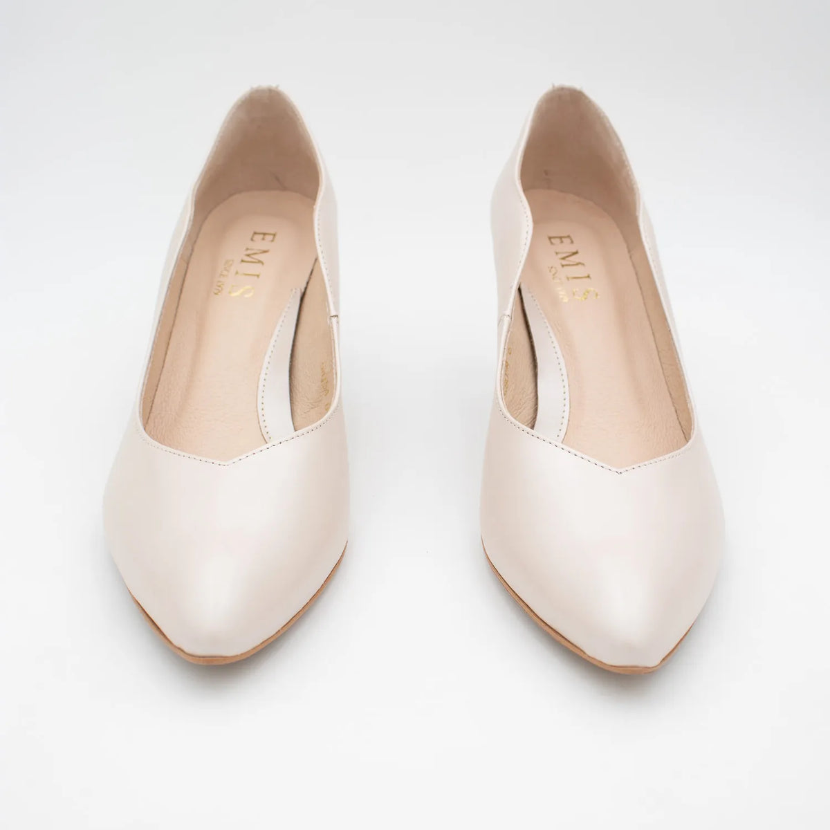 EMIS Beige Leather Court Heels with Sculpted Gold Heel - Leavys Shoes