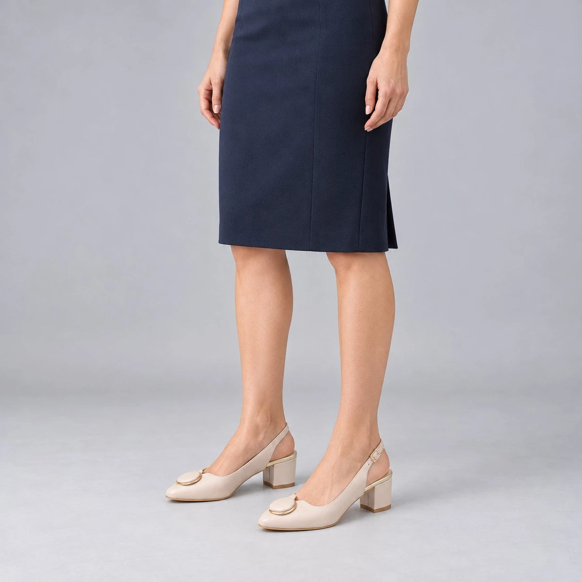 Emis Beige Leather Block Heel Slingback Shoes