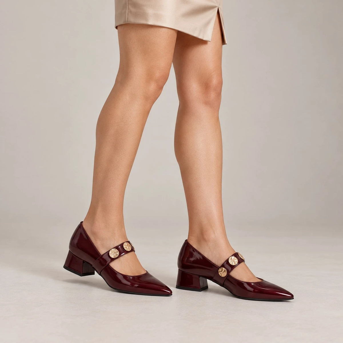 Emis Burgundy Patent Leather Block Heel Mary Jane Shoes