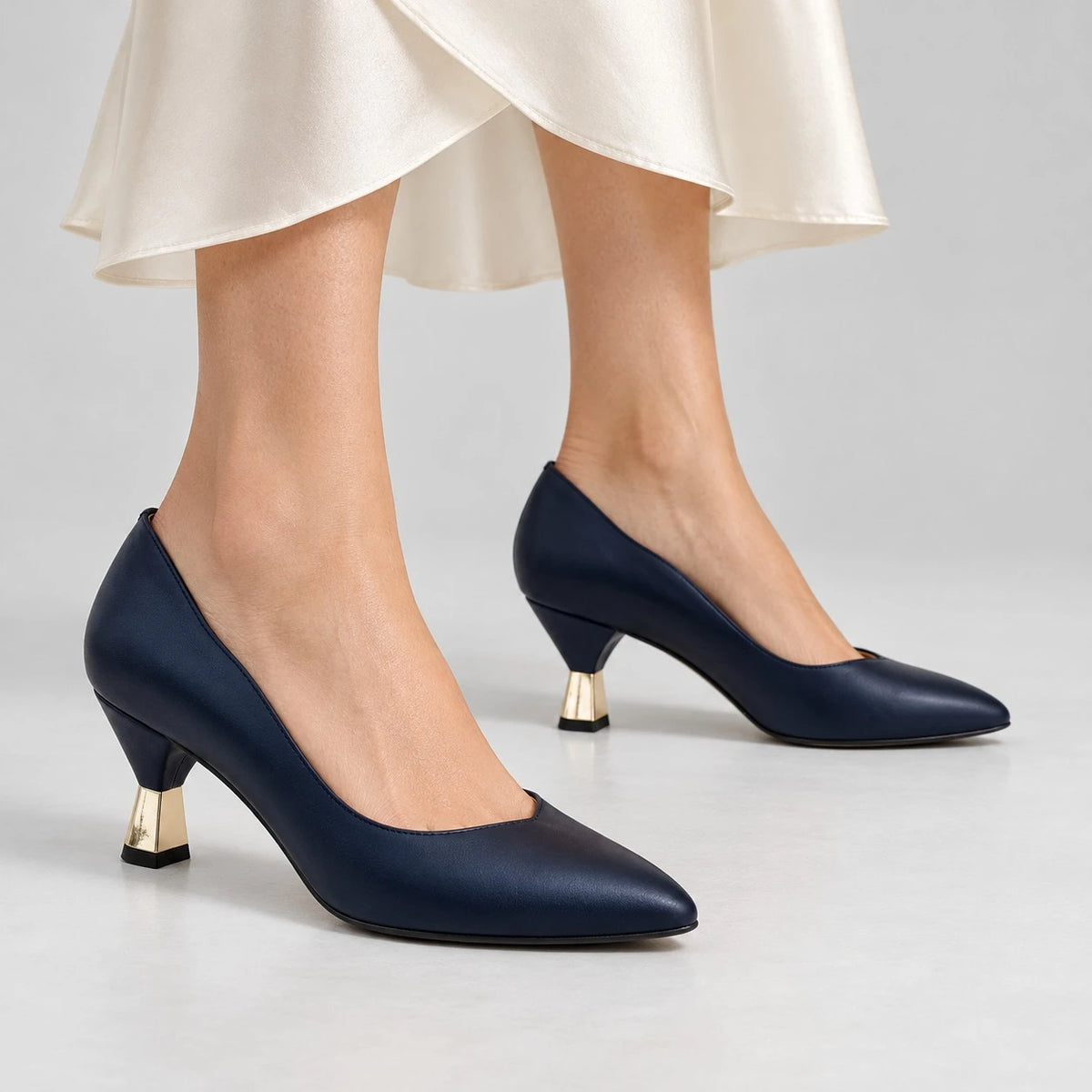 Emis Navy Leather Gold Detail Court Shoes