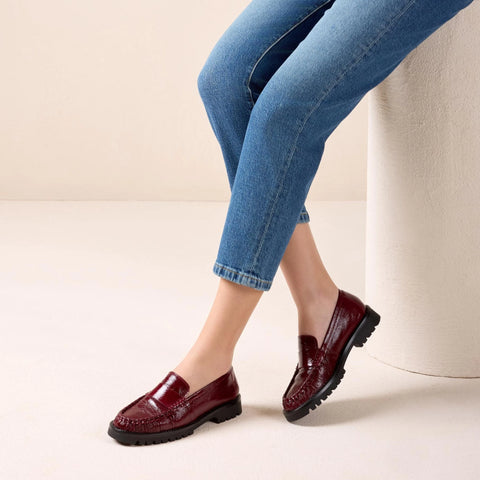 Unisa Burgundy Fijo Crinkled Patent Leather Penny Loafers