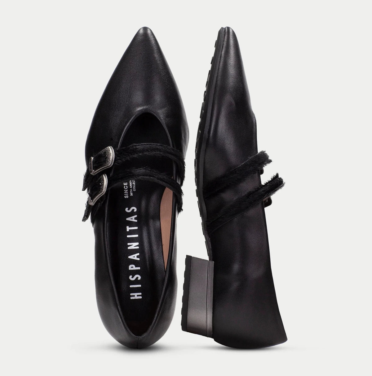Hispanitas Ginebra Black Pony Leather Ballerina Shoes