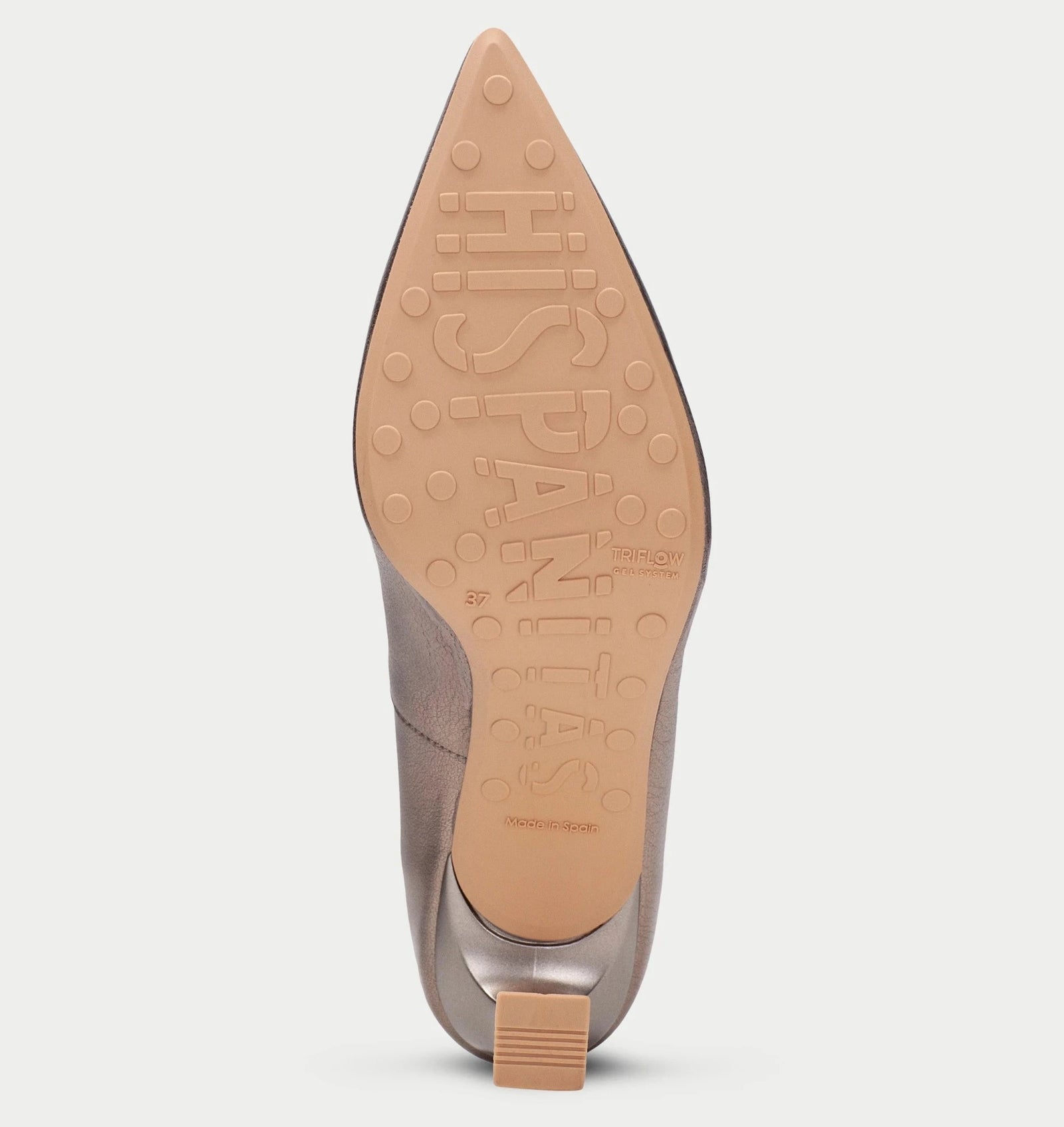 Pointed-toe shoe with tan insole on a light gray background