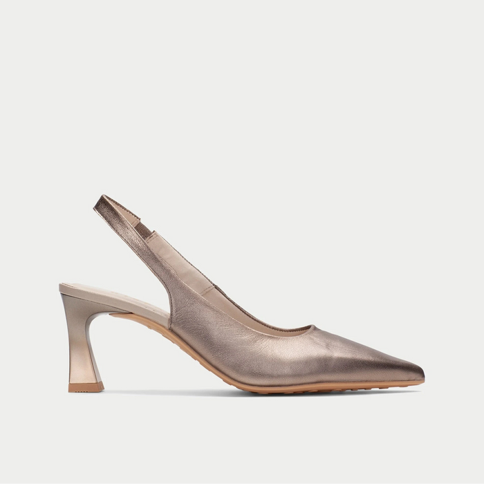 Black pointed-toe slingback pump with a small silver buckle on a white background