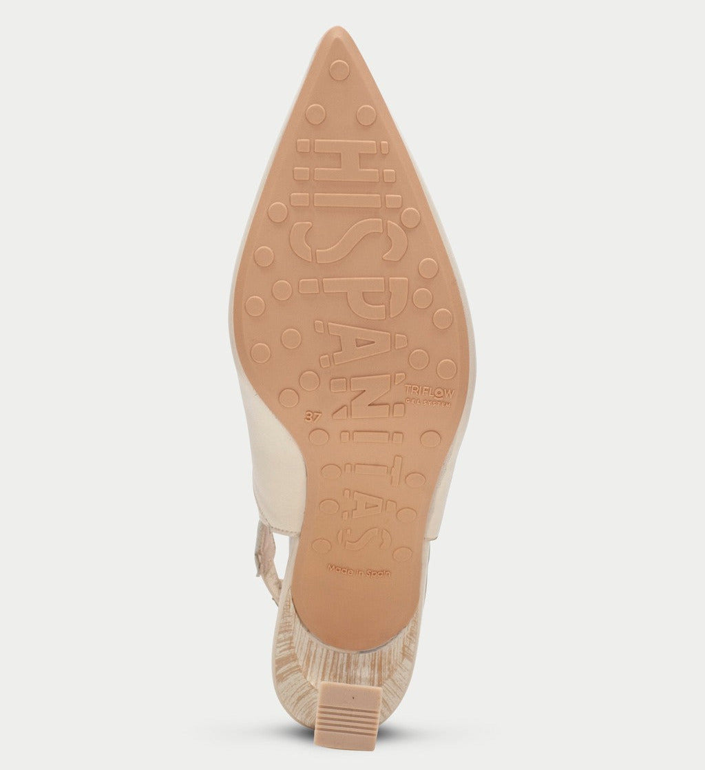Close-up of a shoe sole with brand logo on a light gray background