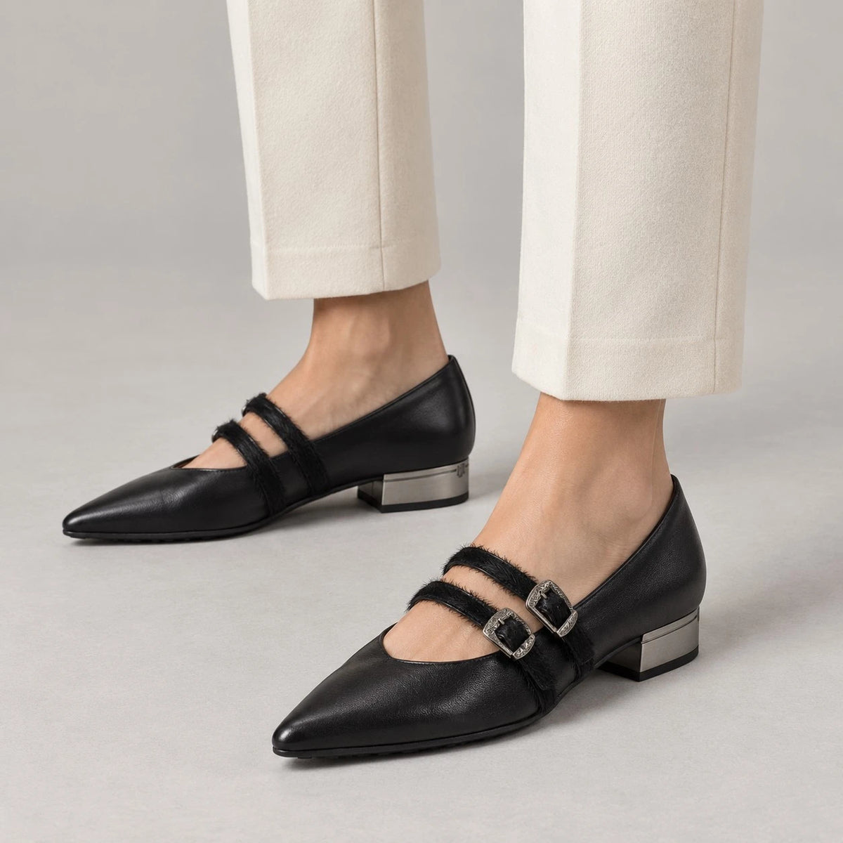 Hispanitas Ginebra Black Pony Leather Ballerina Shoes