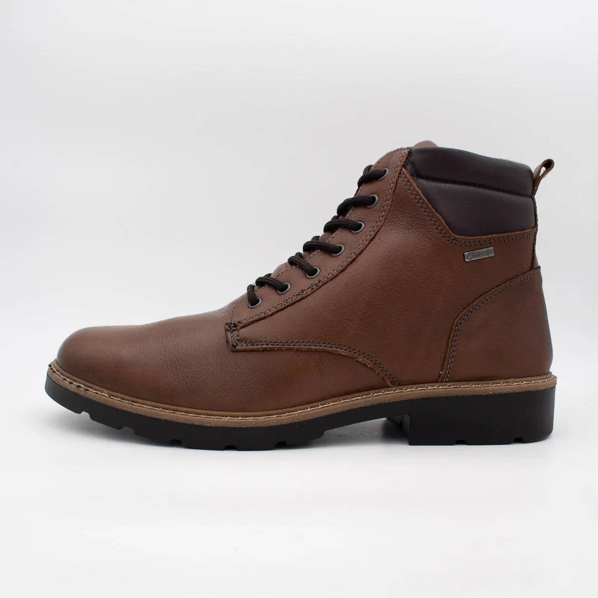 Brown leather boot with black sole on a white background