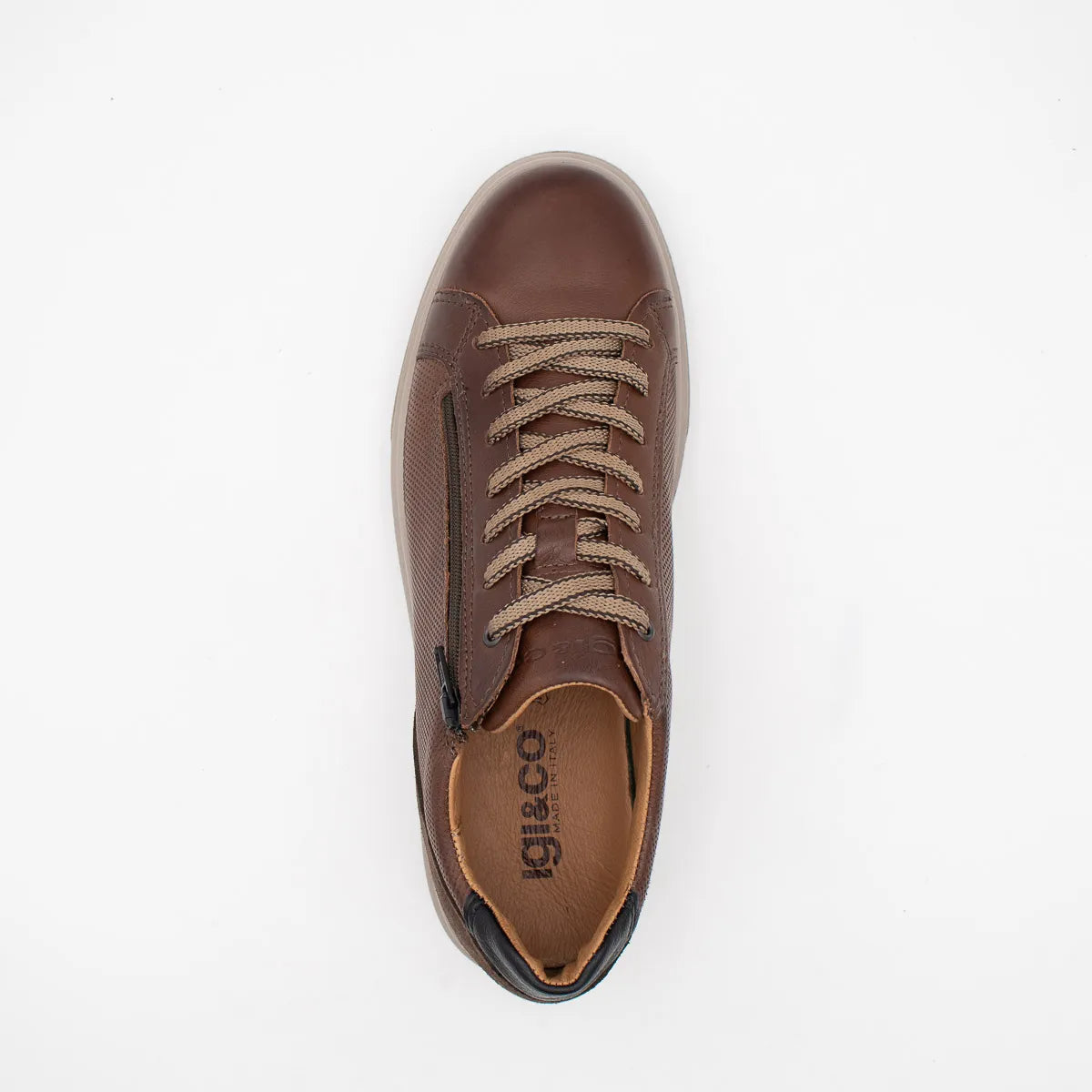 Brown leather shoe with laces on a white background