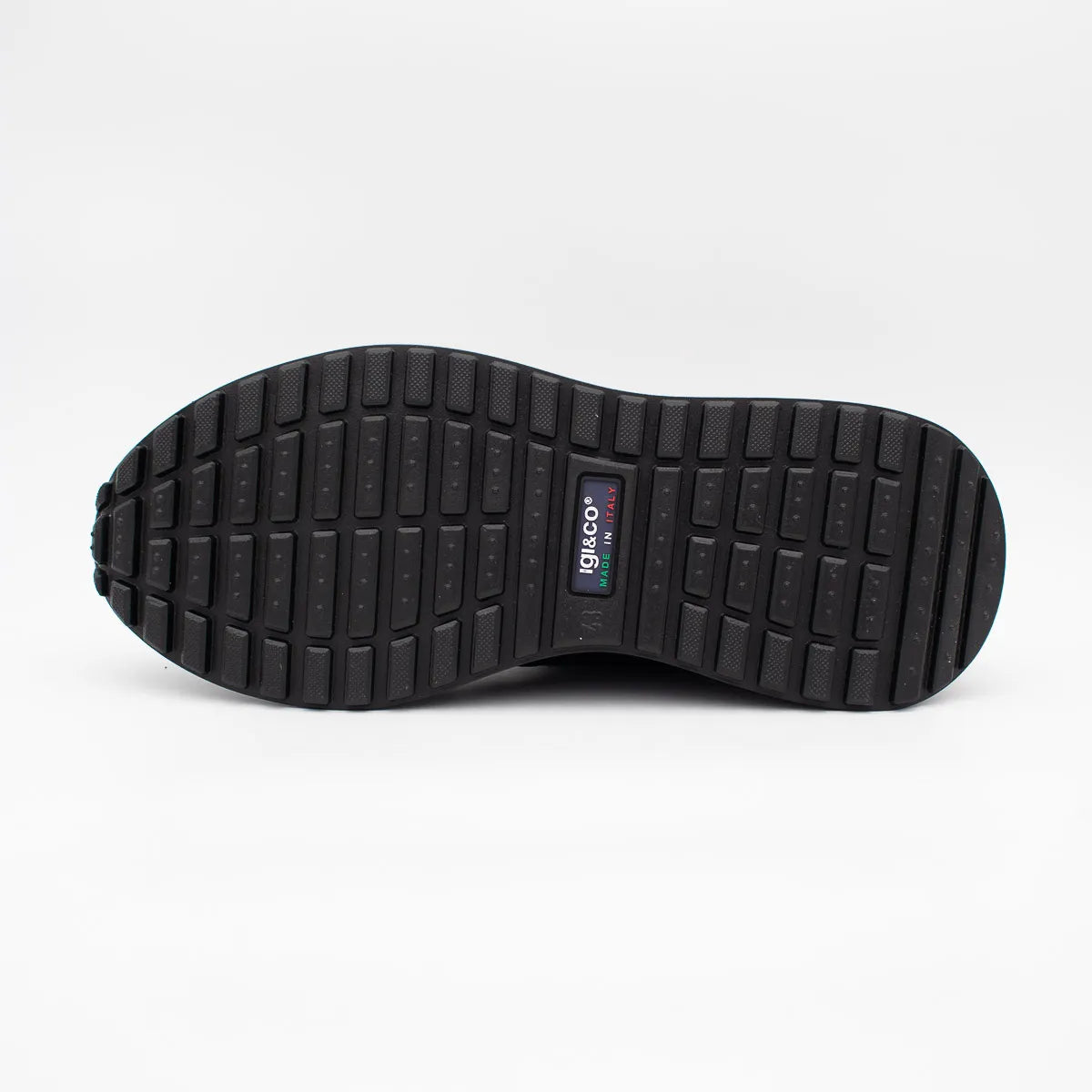 Black sole of a shoe with a brand logo on a white background