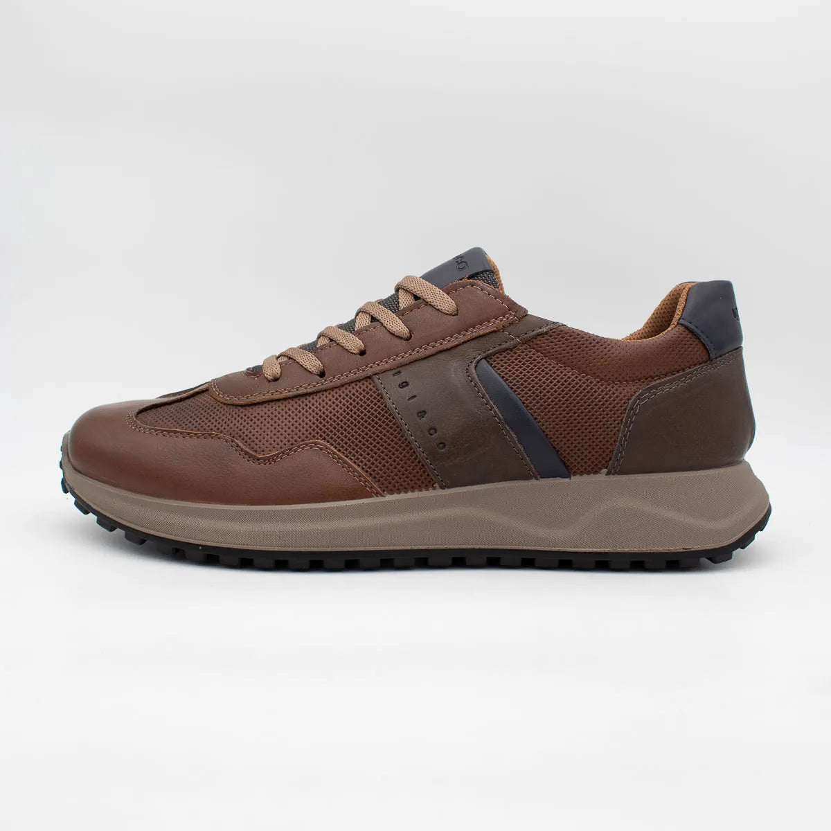 Brown sneaker with gray accents on a white background