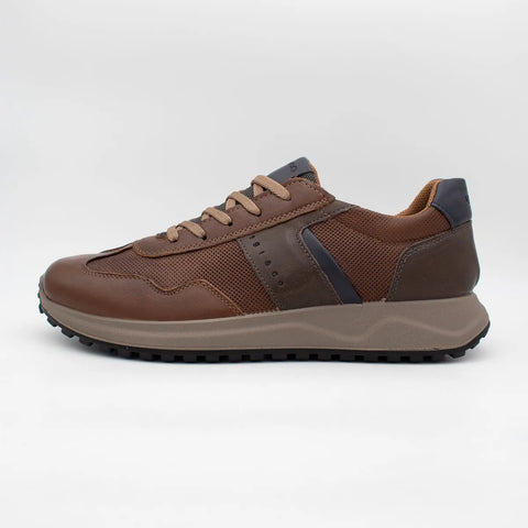 Brown sneaker with gray accents on a white background