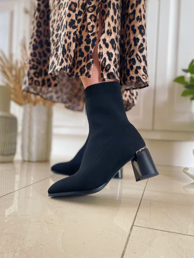 Redz Black Sock Ankle Boots with Reflective Block Heel and Pointed Toe