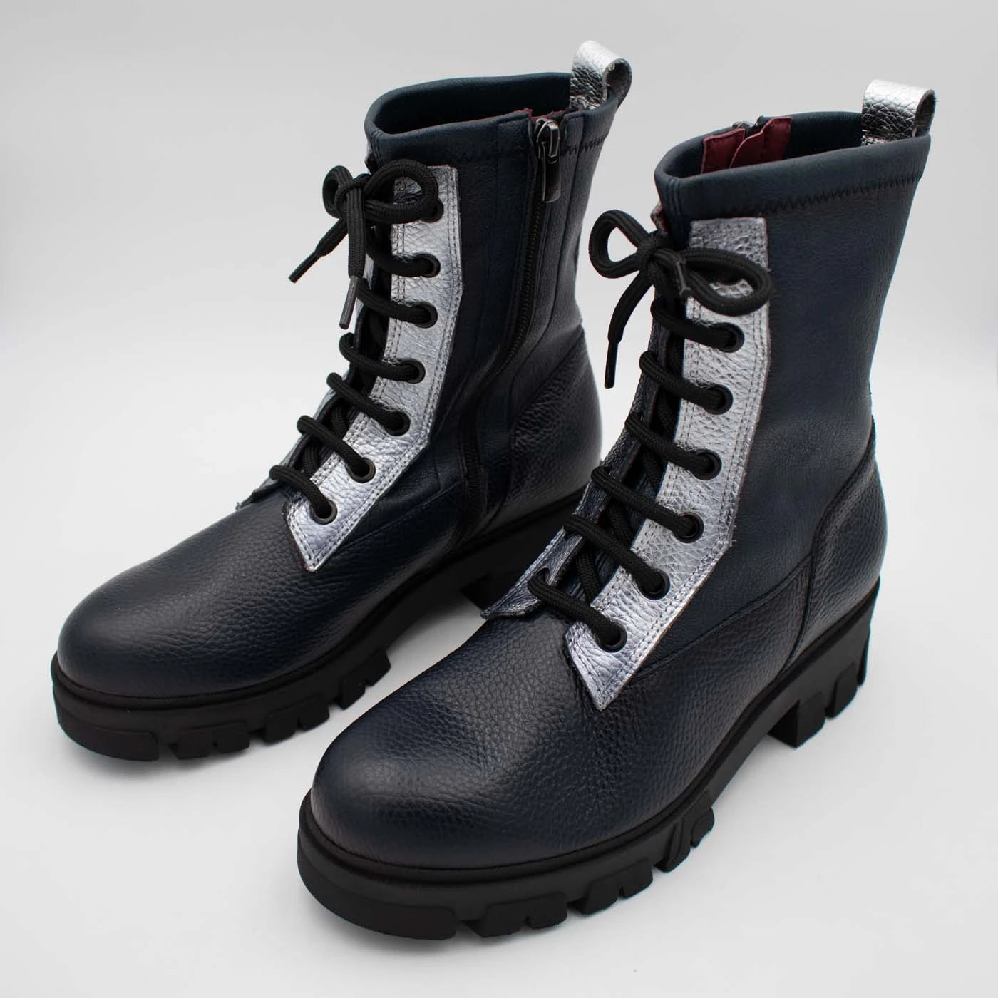 Jose Saenz Noelia Navy & Silver Leather Lace-Up Boots