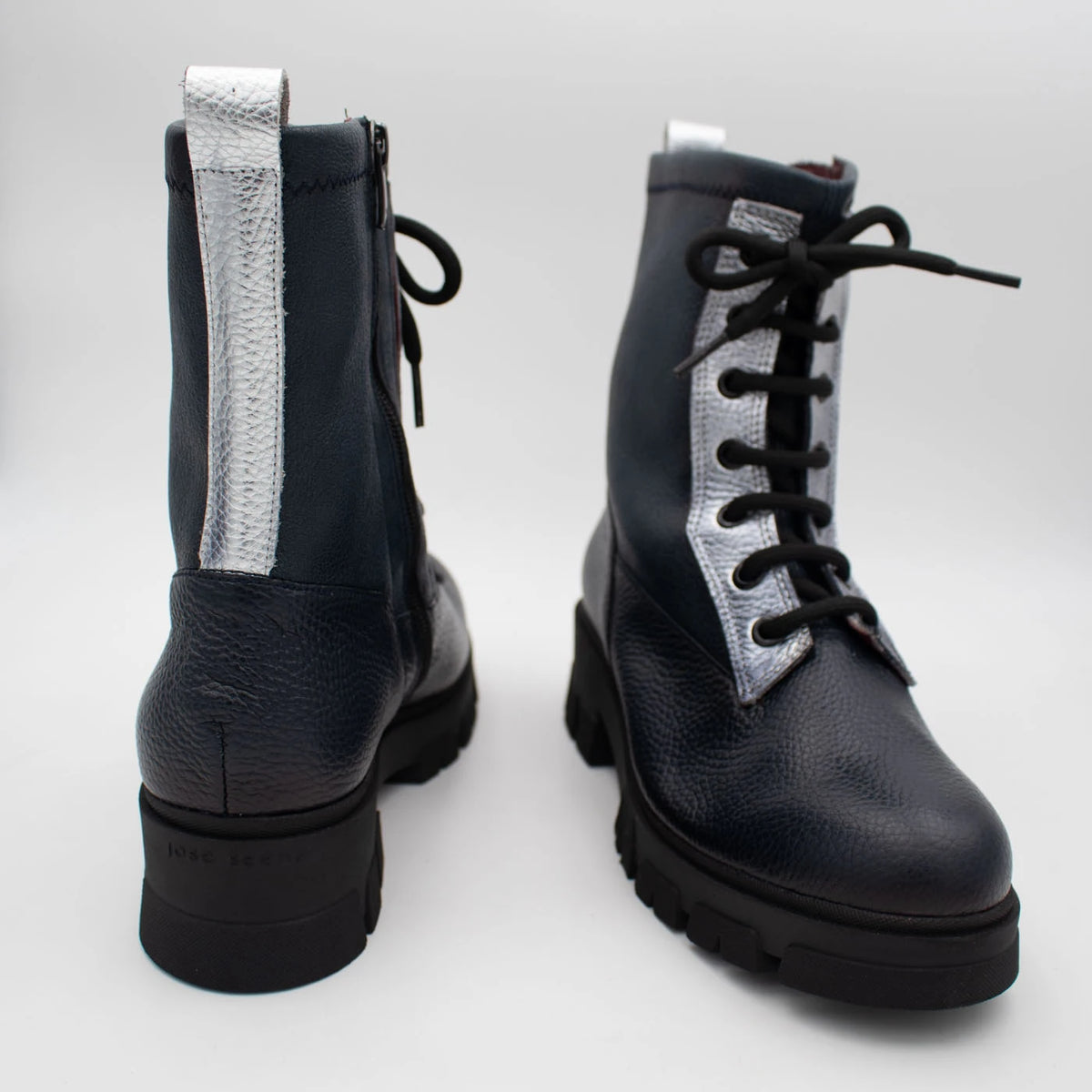 Jose Saenz Noelia Navy & Silver Leather Lace-Up Boots