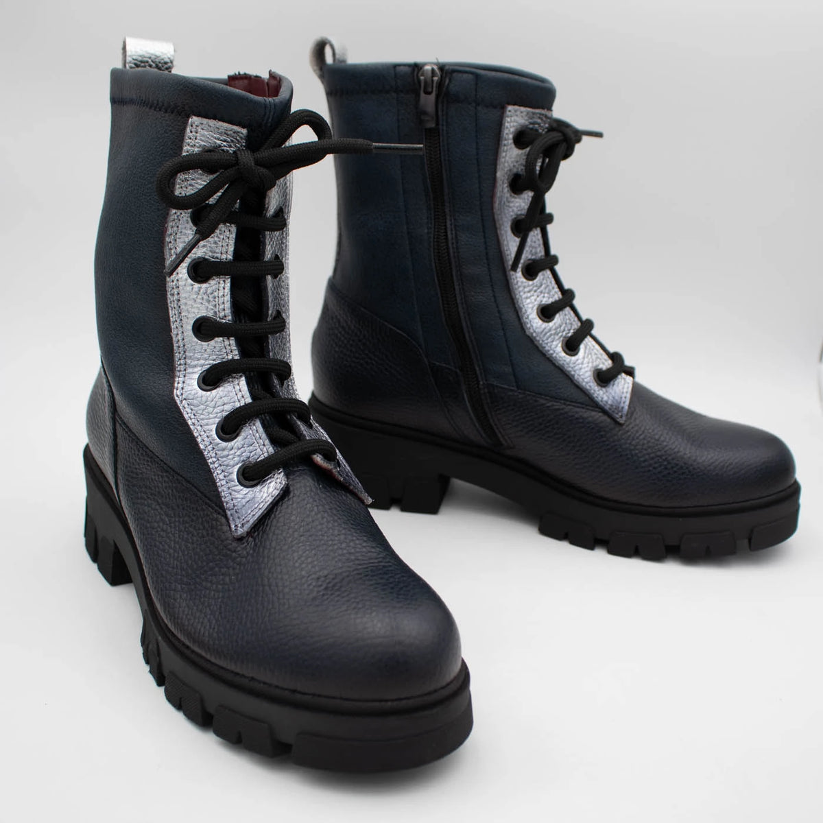 Jose Saenz Noelia Navy & Silver Leather Lace-Up Boots